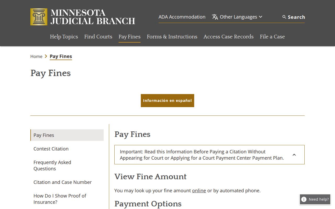 Minnesota Judicial Branch Pay Fines page with payment warning and citation information navigation