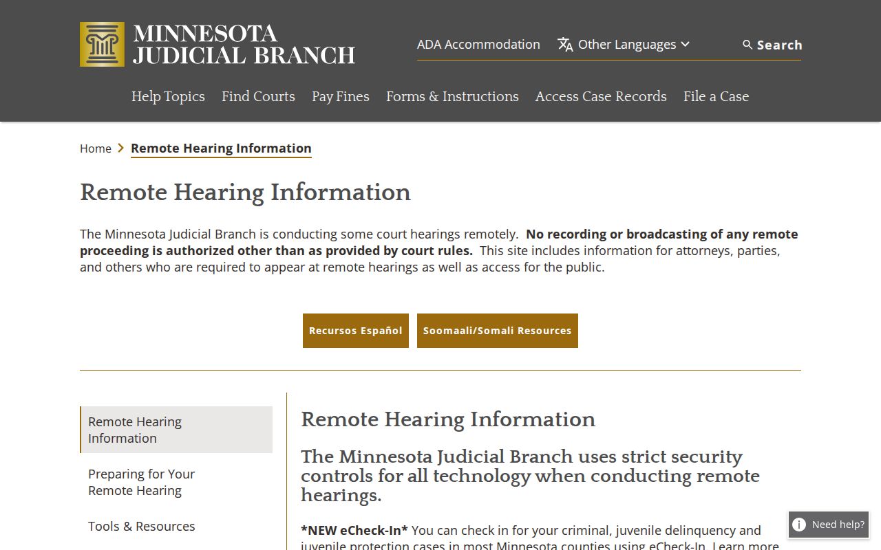 Minnesota Judicial Branch Remote Hearing Information page with public access and no-recording notice