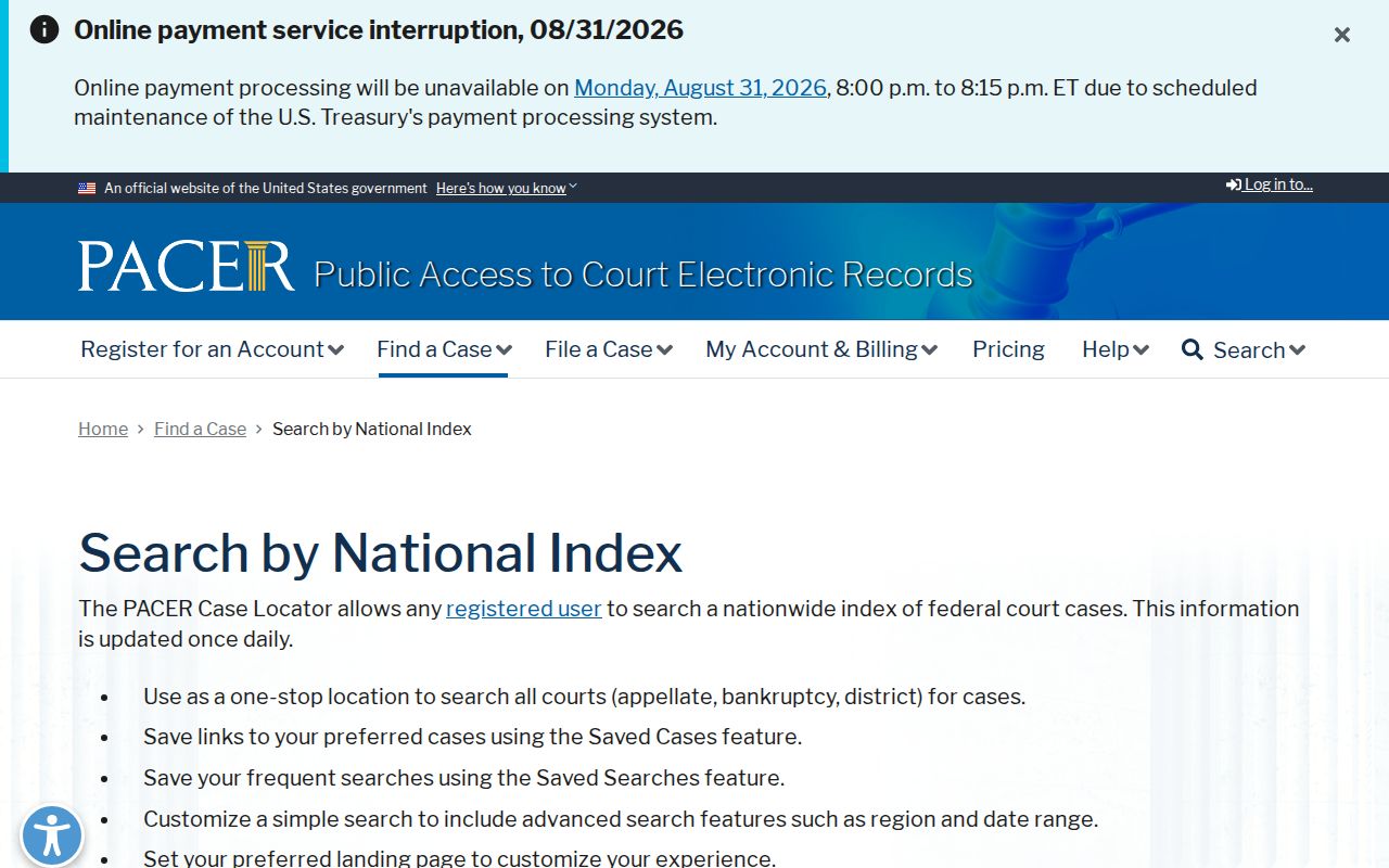 Hayfield court records PACER national case locator screen