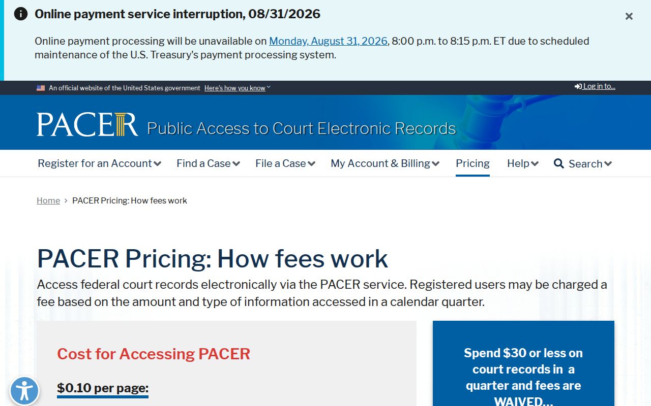 Hayfield court records PACER federal document pricing information