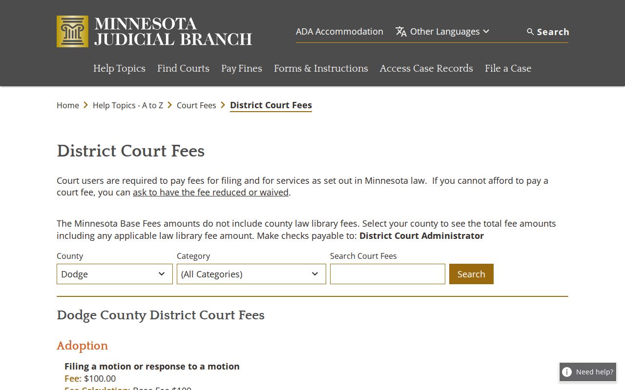 Minnesota Judicial Branch Dodge County District Court fee page with county and category controls