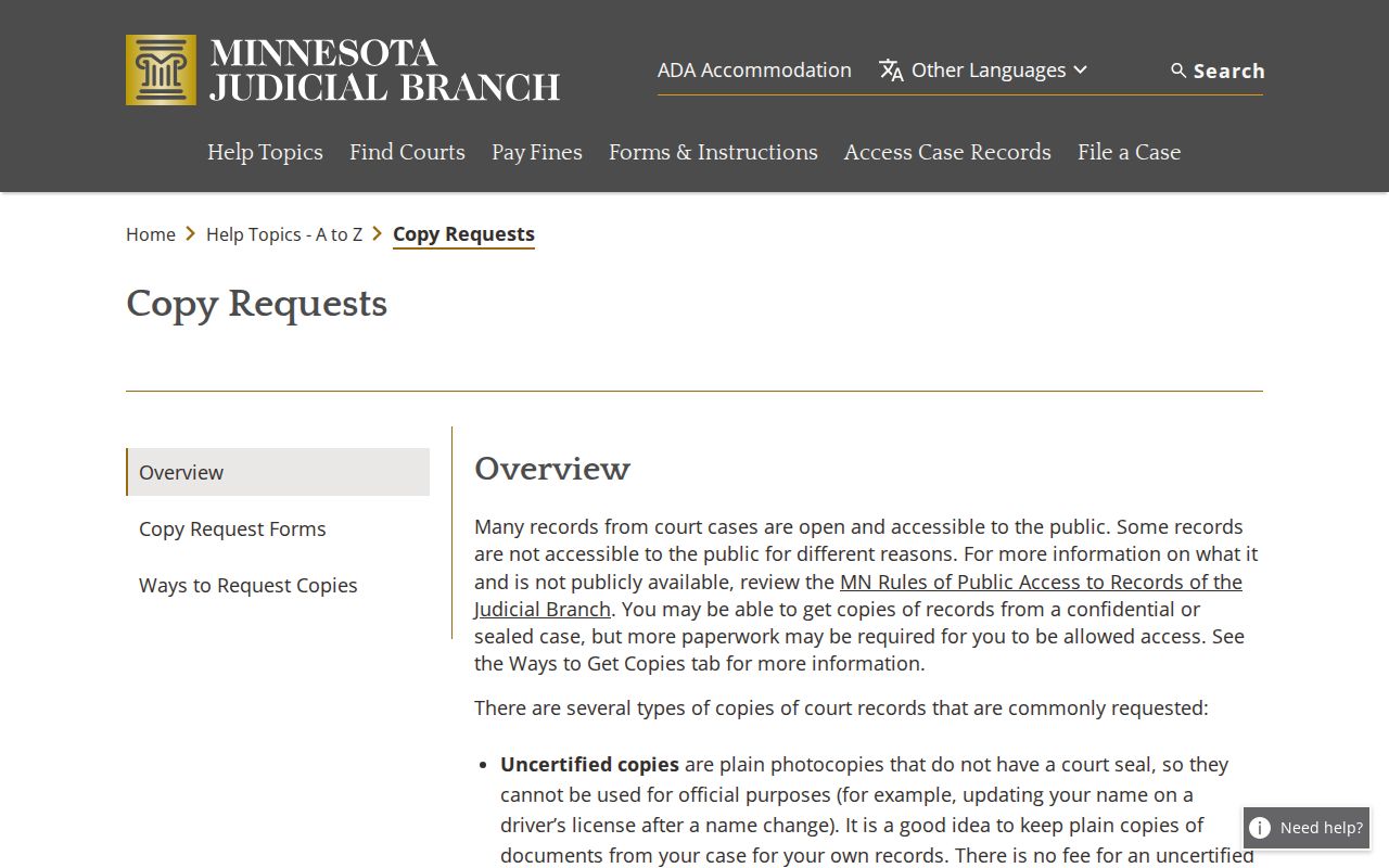 Minnesota Judicial Branch Copy Requests page explaining public records and copy types